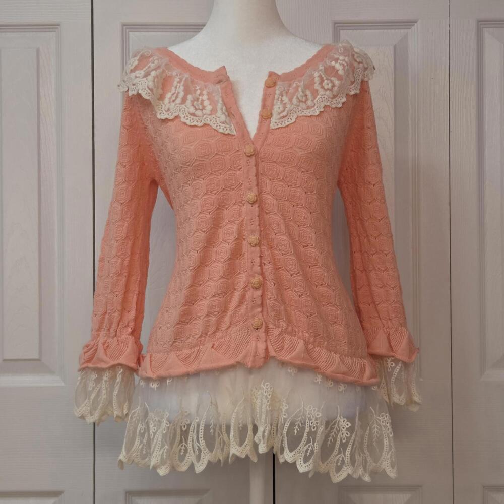Coral Pink Rose Pattern Knit Ruffle Lace Cardigan Coquette Cottagecore Size XS/S